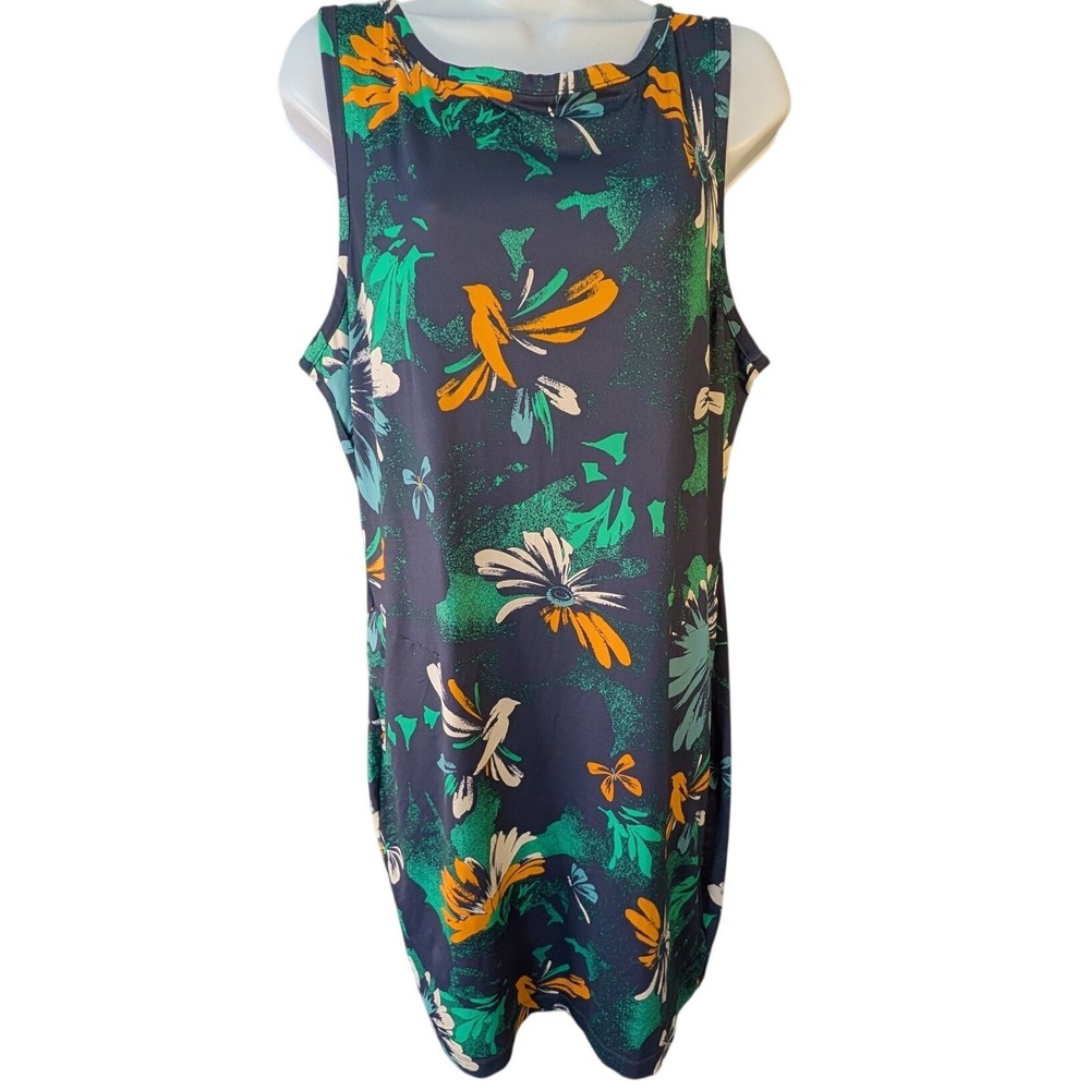 Columbia Sportswear Womens XL Floral Bird Print Sleeveless Shift Dress Navy Blue